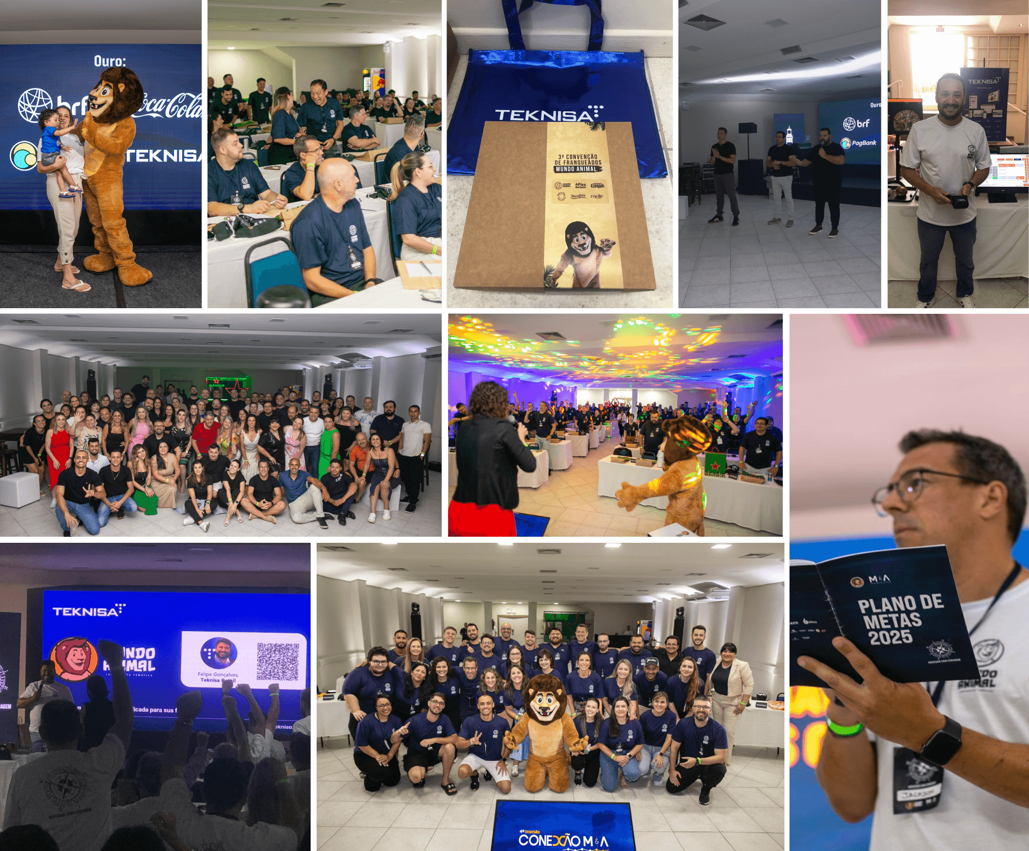 Montagem de fotos da 3ª Convenção de Franqueados Mundo Animal, destacando momentos marcantes do evento, como a presença de um mascote em formato de leão, palestras com plateias cheias, interações entre participantes e a exibição de materiais promocionais da Teknisa, incluindo uma bolsa personalizada e o plano de metas 2025.